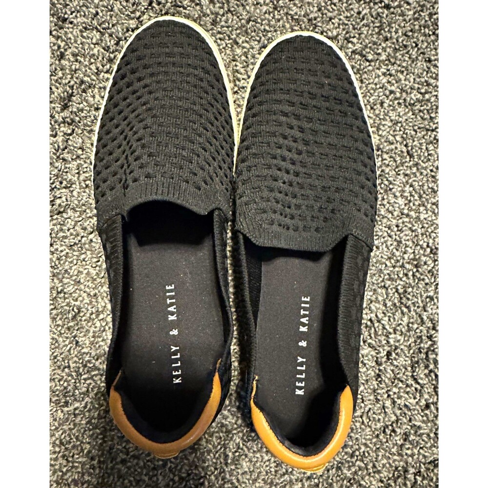 Kelly & Katie Black Knit Slip-On Casual Shoes Tan Trim Wide US 10 Round Toe